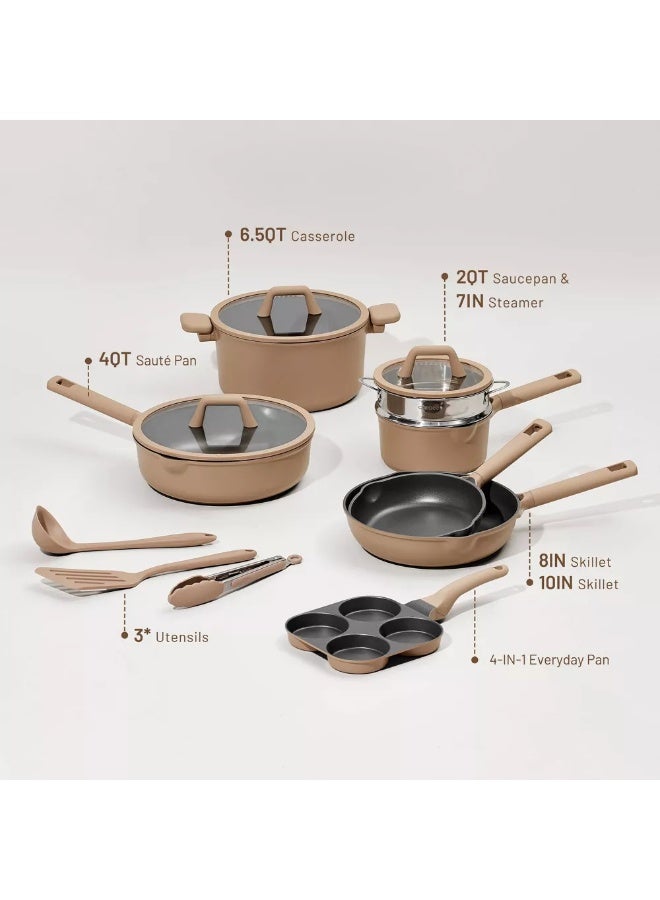 Carote 21-Piece Nonstick Cookware Set, PFOA-Free Healthy Cooking Set, Skillets, Saucepan, Sauté Pan, Casserole, Steamer & 4-in-1 Pan, All Kitchen Stovetop Compatible, Dishwasher Safe (Taupe) - Image 3